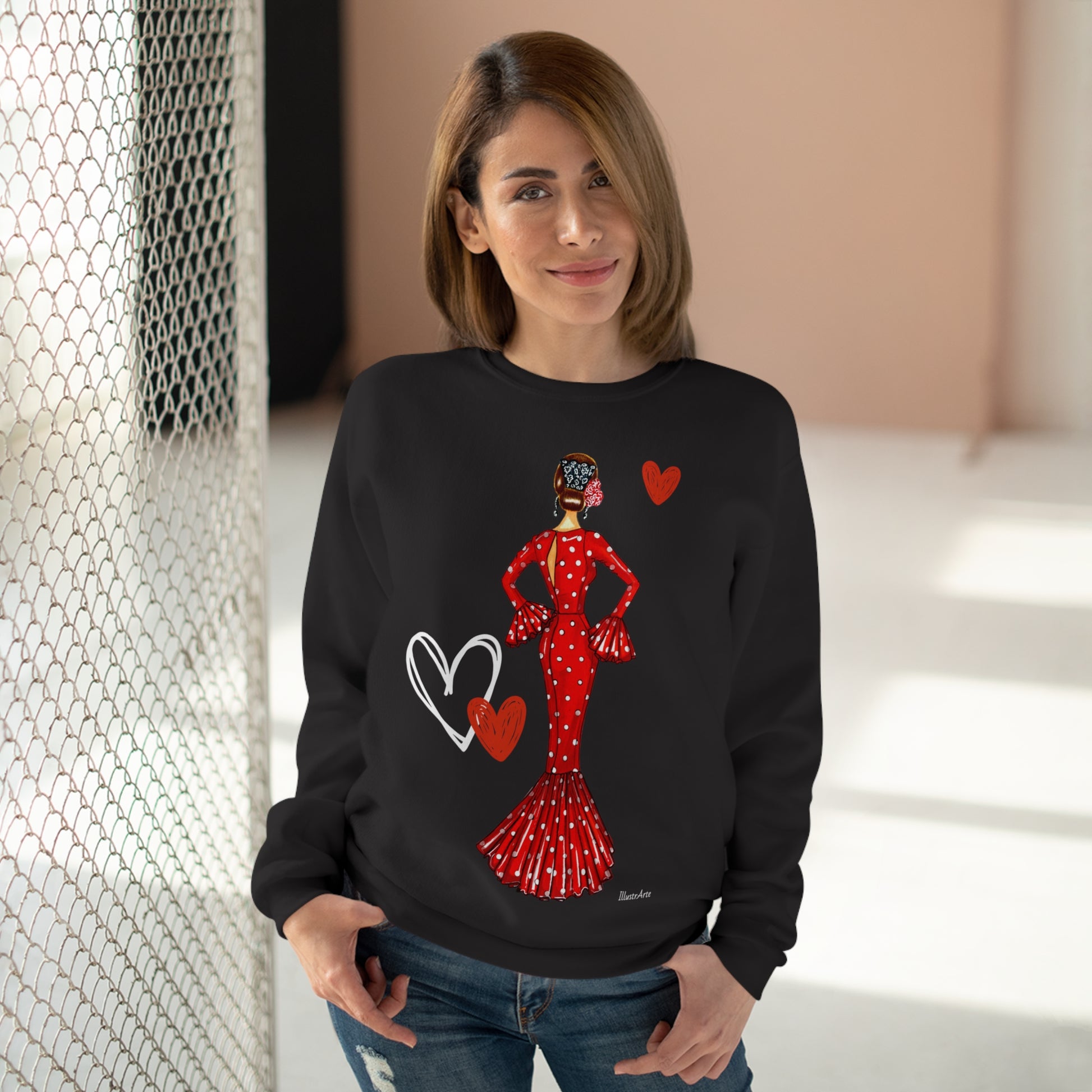 a woman wearing a black sweater with a red dress and hearts on it