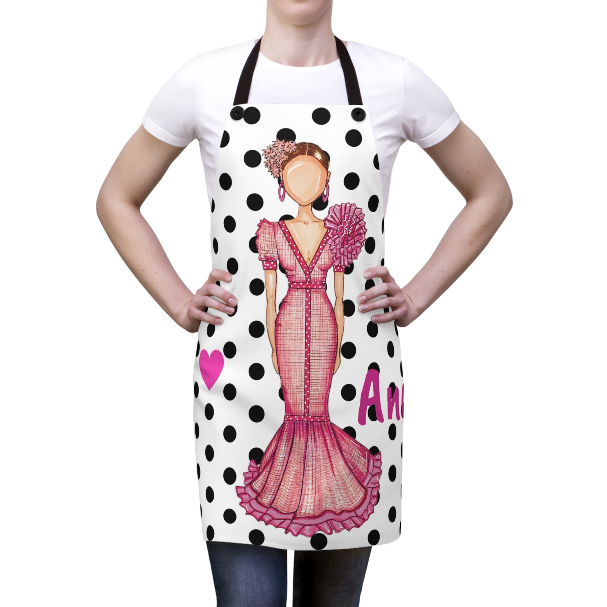 a woman wearing a polka dot apron