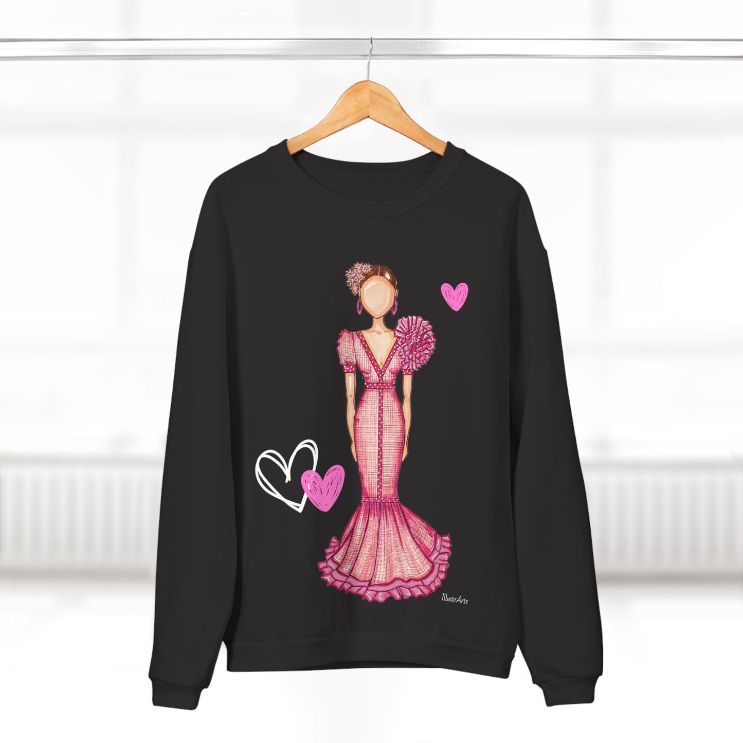 Flamenco lovers white Crewneck Sweatshirt, beautiful flamenco dancer in a pink dress with hearts. - IllustrArte