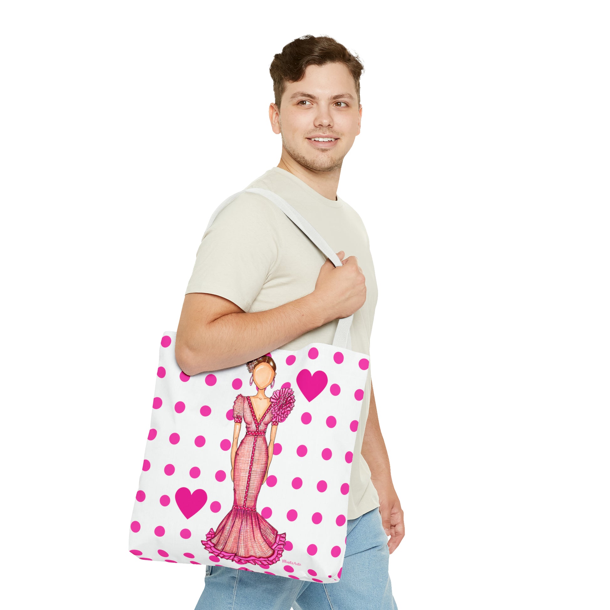 a man holding a large bag with a picture of a woman on it