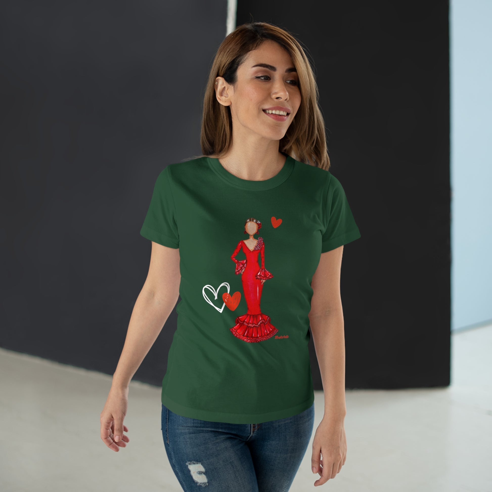 a woman wearing a green t - shirt with a red dress