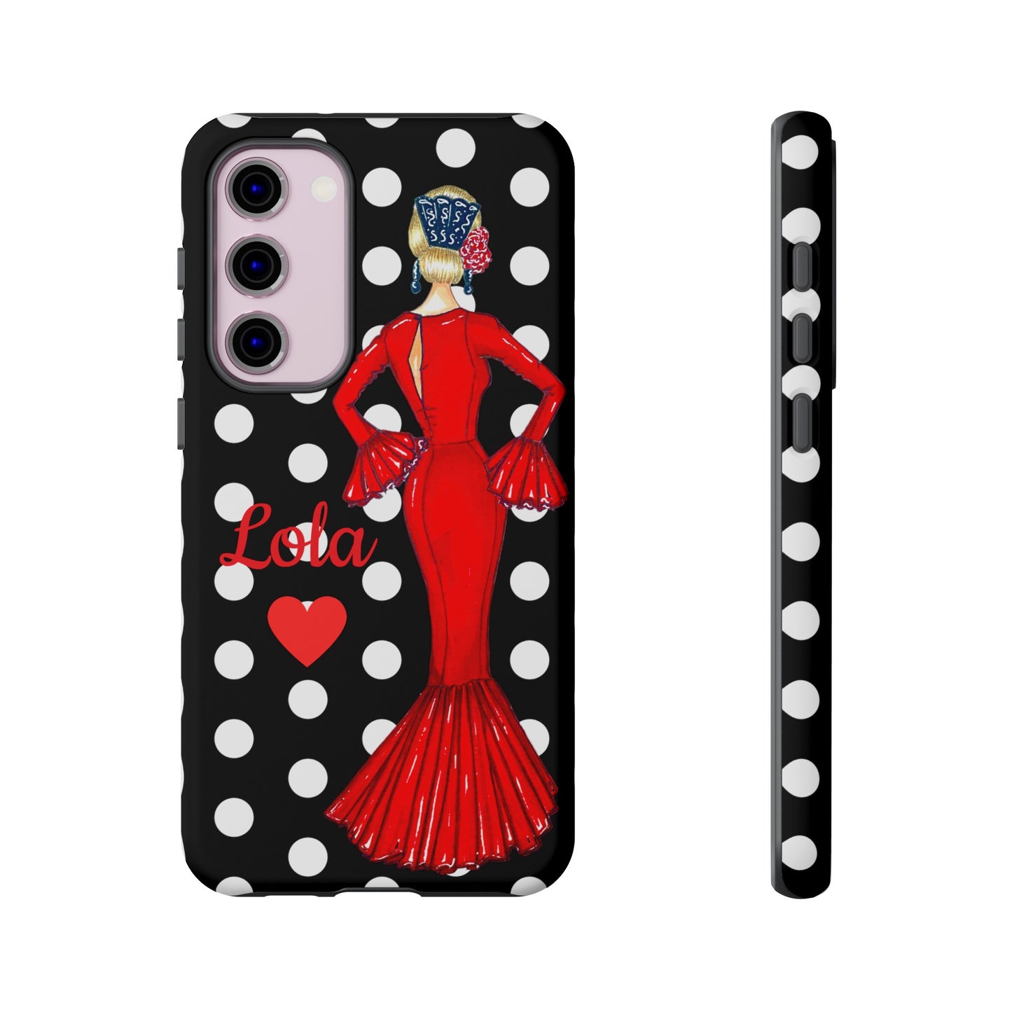 Flamenco Dancer customizable black Phone Case for iPhone, Samsung Galaxy, and Google Pixel, flamenco dancer Maria in a red dres, black background with polka dots.