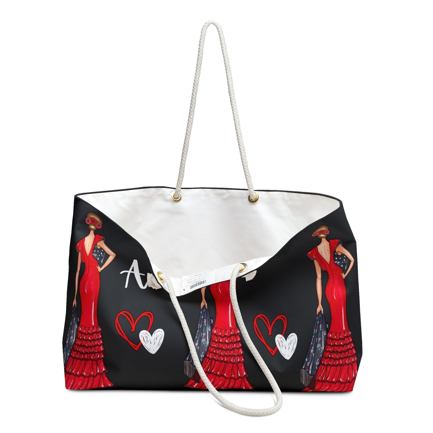 a handbag with a woman in a red dress on it