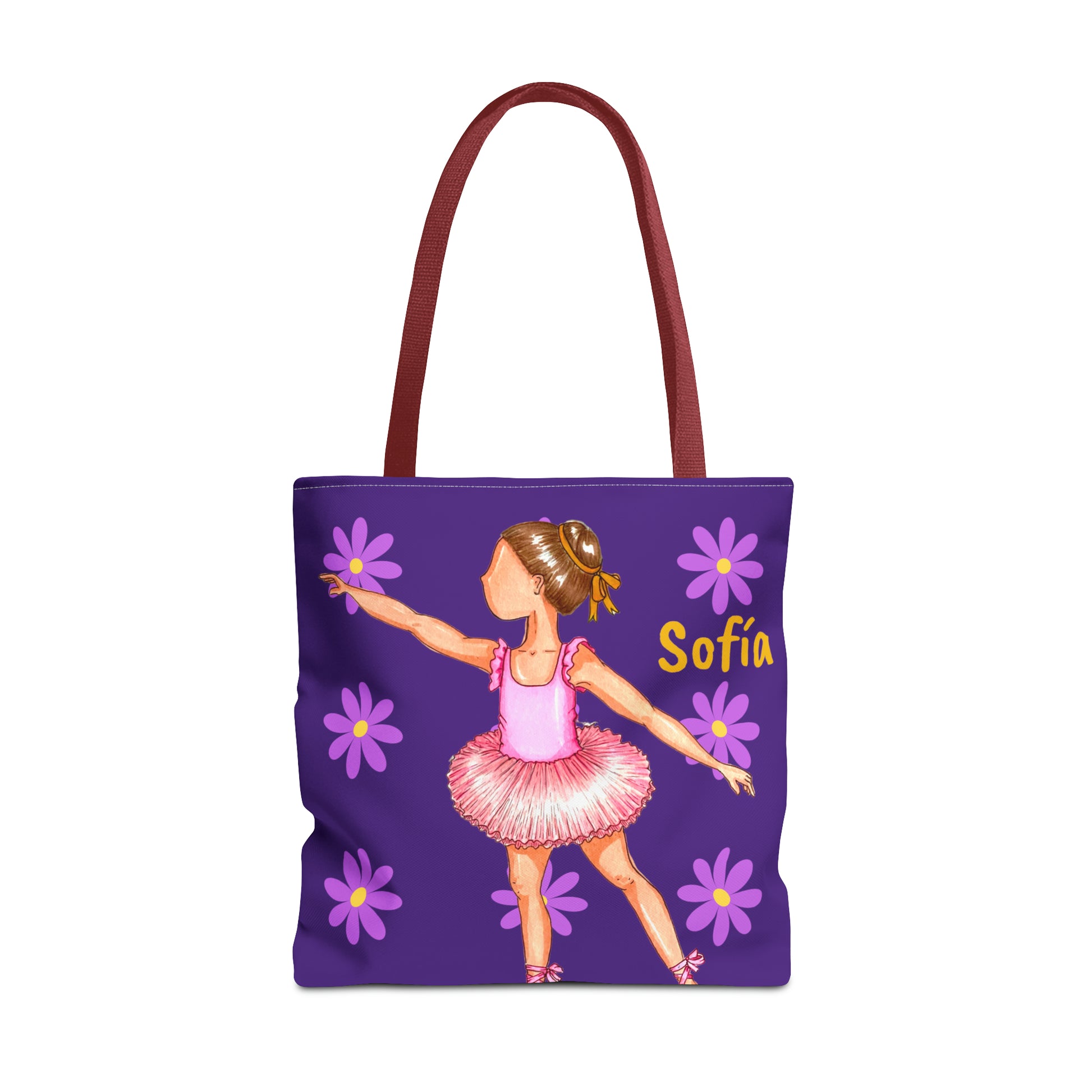 a purple tote bag with a picture of a girl in a pink tutu