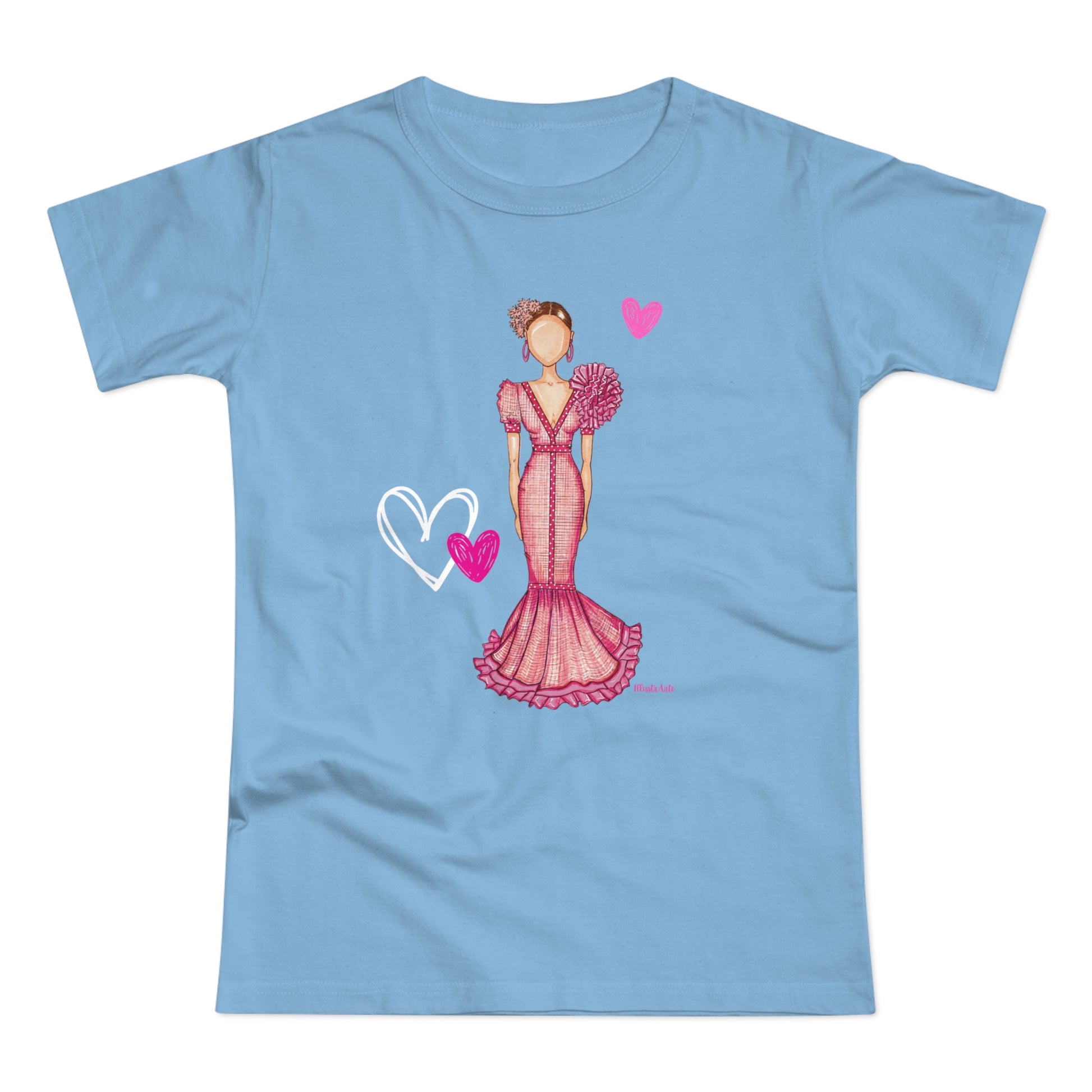 a blue t - shirt with a drawing of a woman in a pink dress