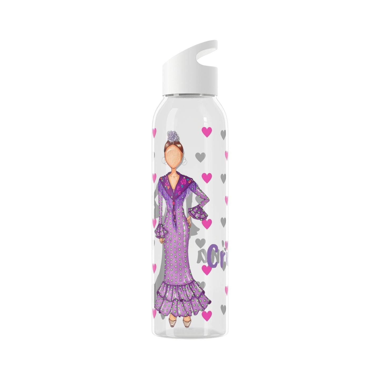 Flamenco Dancer 22 Oz/650ml Eastman Tritan™ Single wall bottle, purple dress with pink hearts design. - IllustrArte