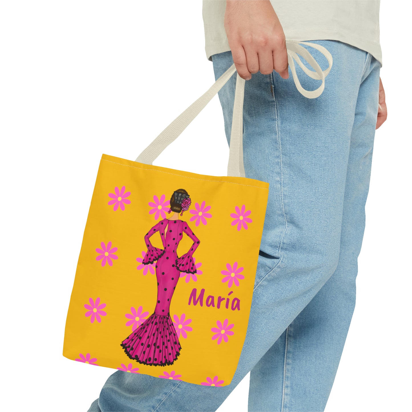 Flamenco lover Tote Bag, fabric tote bag with yellow background with pink flowers and our flamenco dancer Maria in a pink dress. Customizable.