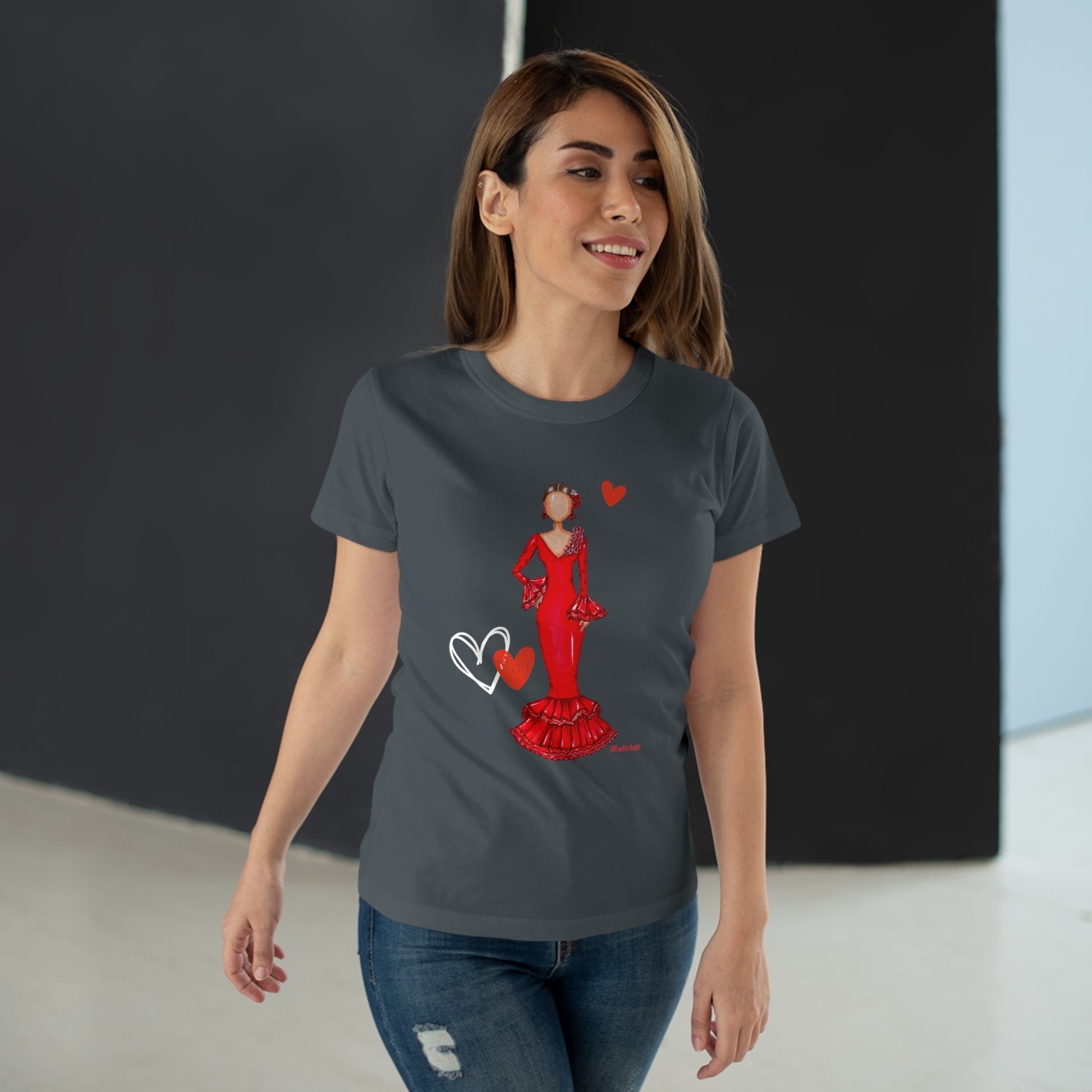 a woman wearing a t - shirt with a red dress on it
