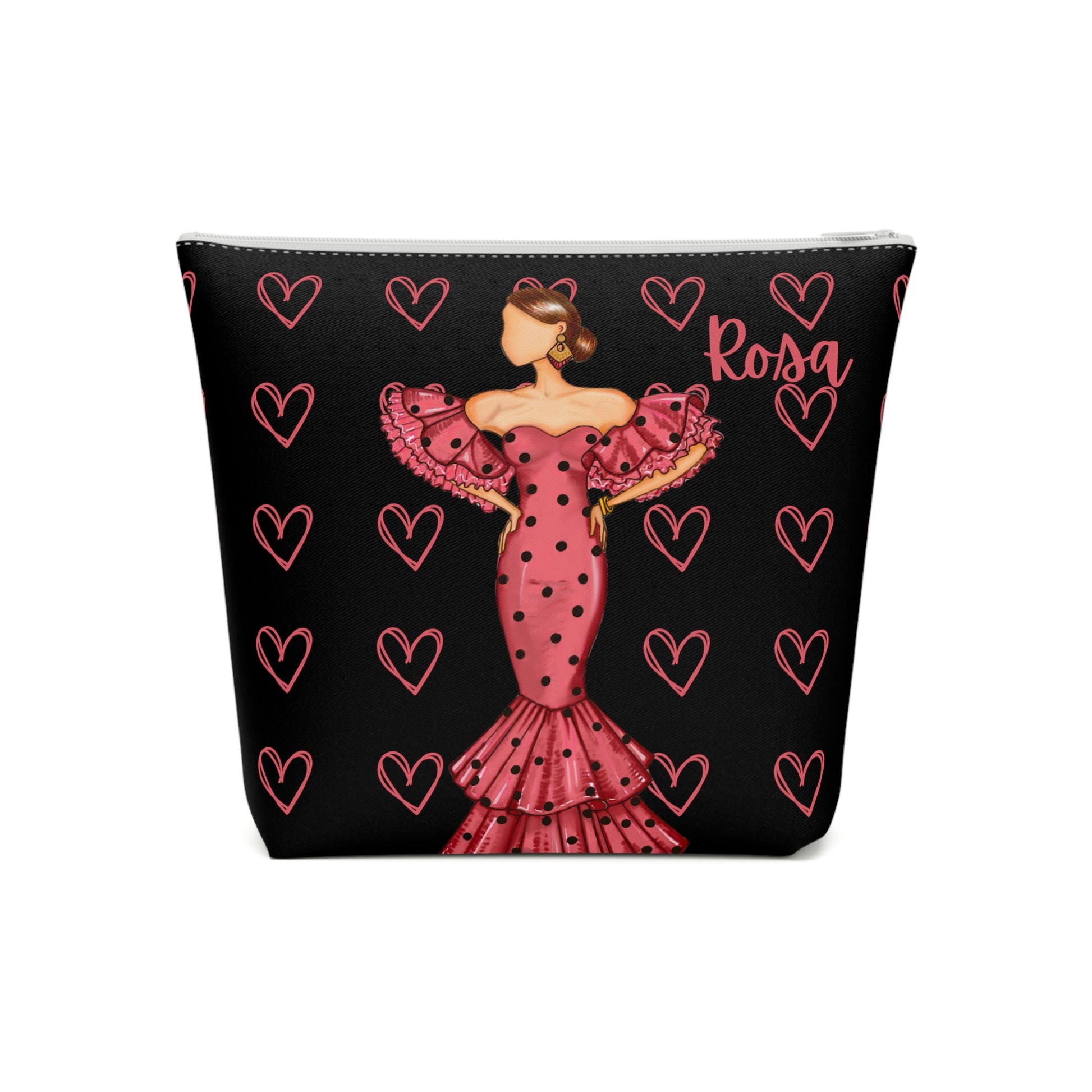 a cosmetic bag with a woman in a pink dress