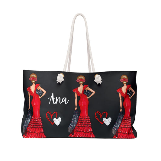 a woman in a red dress with a heart shaped purse