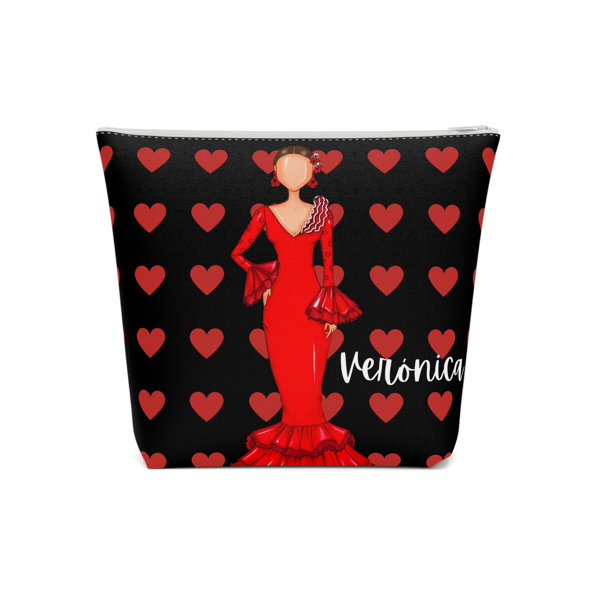 a cosmetic bag with a woman in a red dress