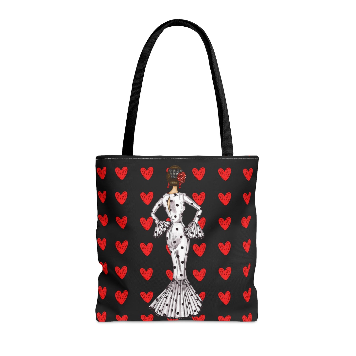 a dalmatian dog with hearts on a black background tote bag