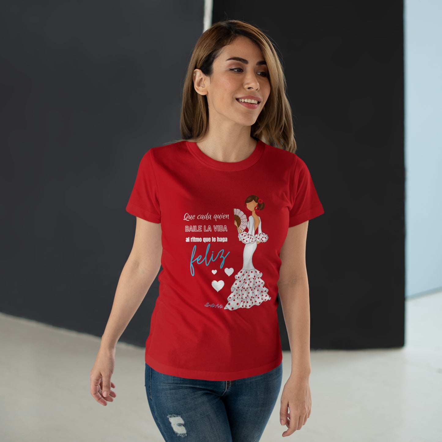 Flamenco Lovers Women's cotton red tee - Flamenca Pepa in a white dress with a positive quote.