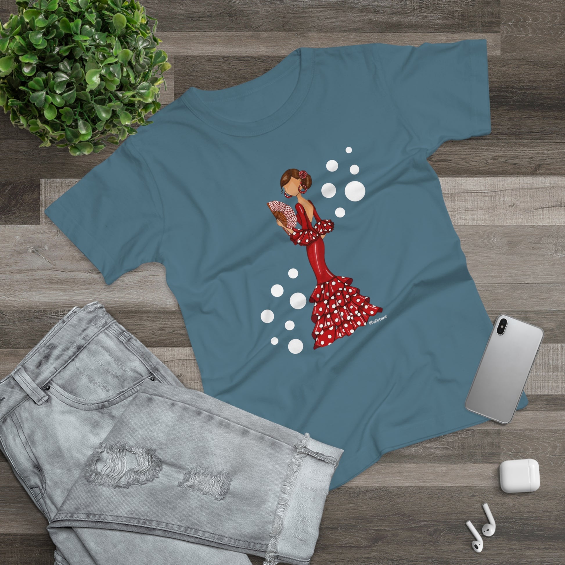 a t - shirt with a picture of a woman wearing a red polka dot dress