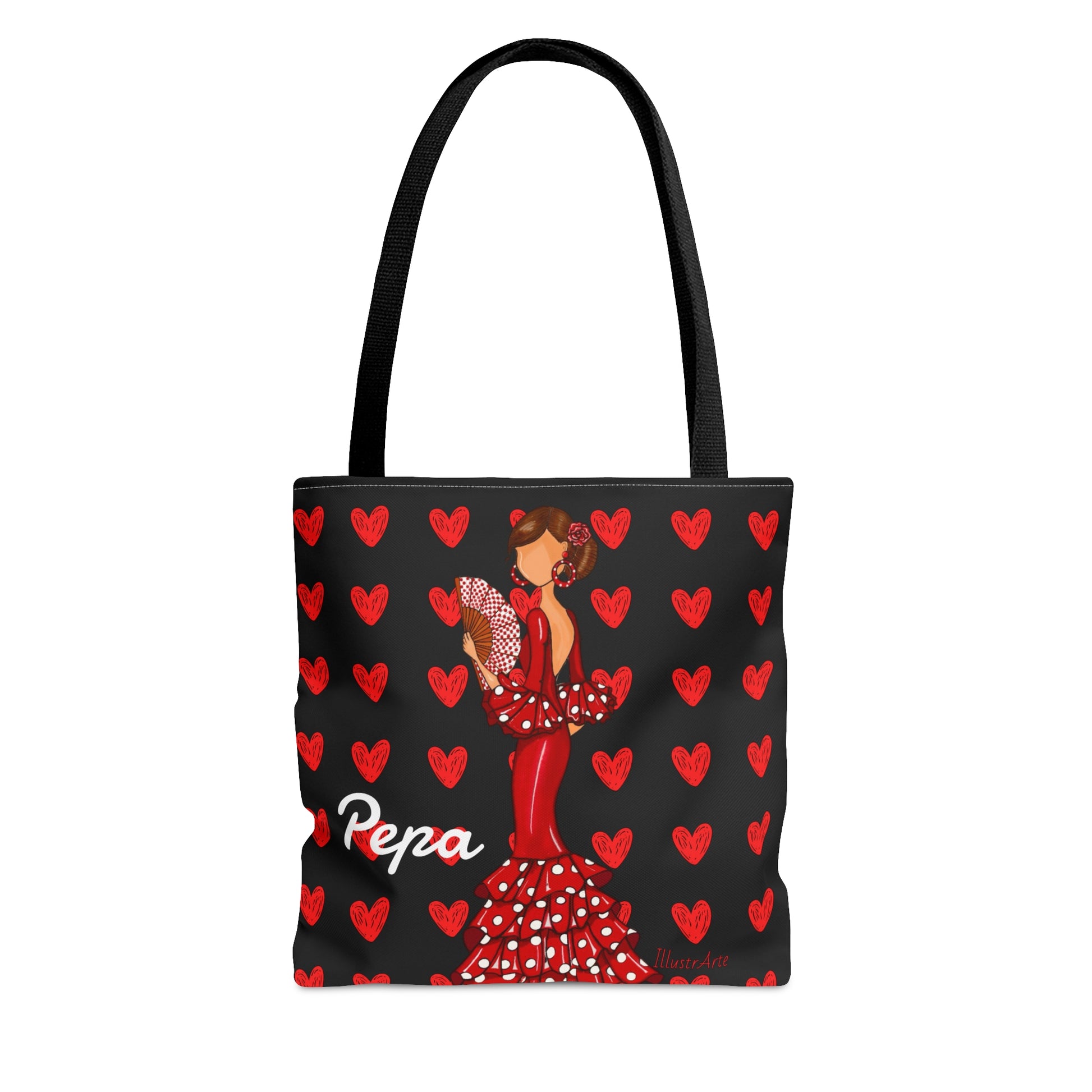 a black tote bag with a lady in a red dress holding a fan