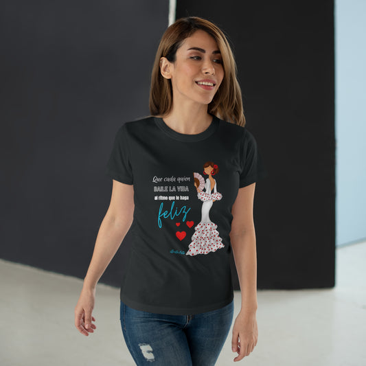 a woman wearing a black t - shirt with a picture of a woman in a