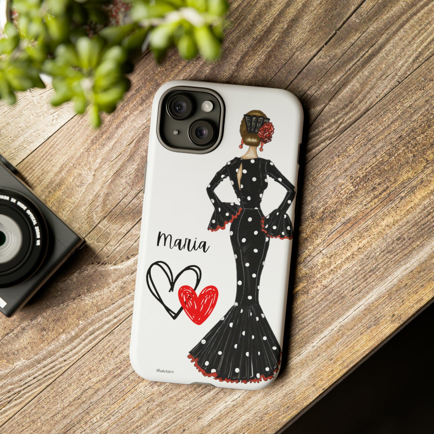 Funda de teléfono flamenca, rígida y resistente, blanca, personalizable para teléfono - Nuestra bailaora de flamenco María con un elegante vestido de lunares negros