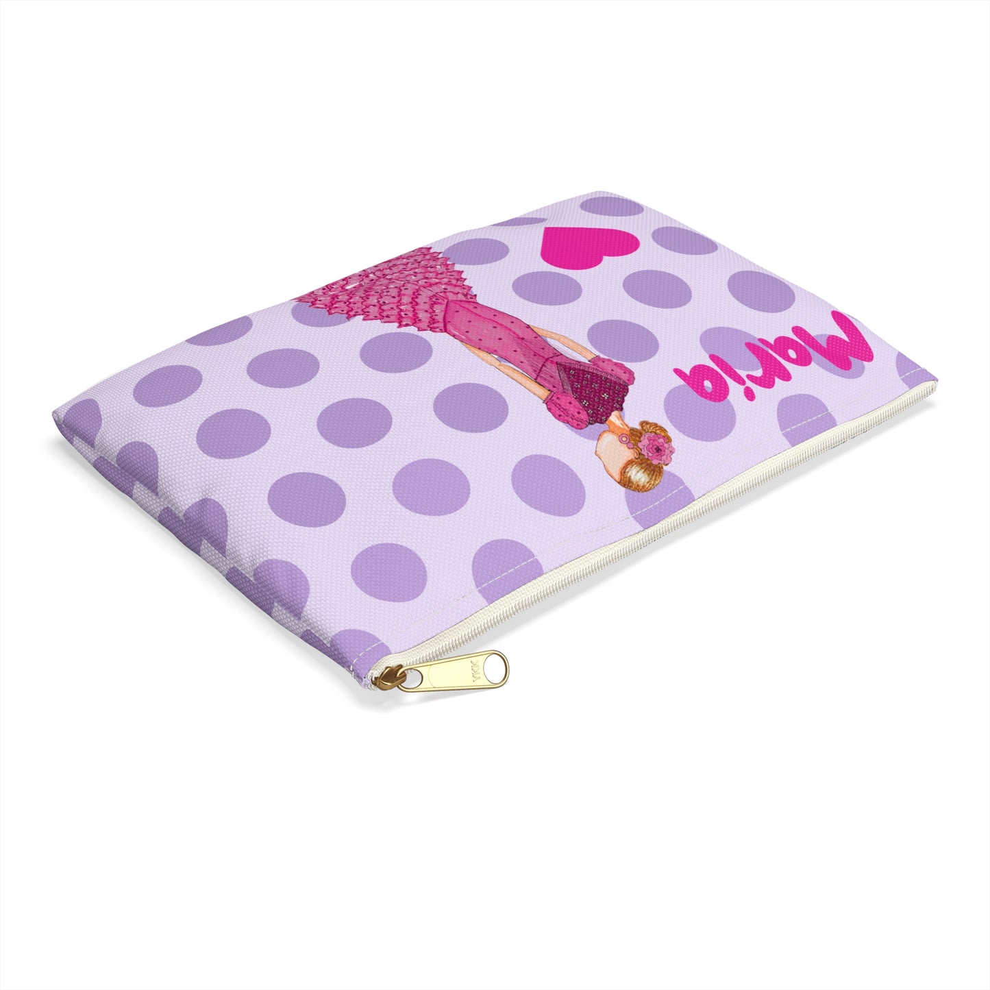 a purple and white polka dot covered book with a picture of a woman on it