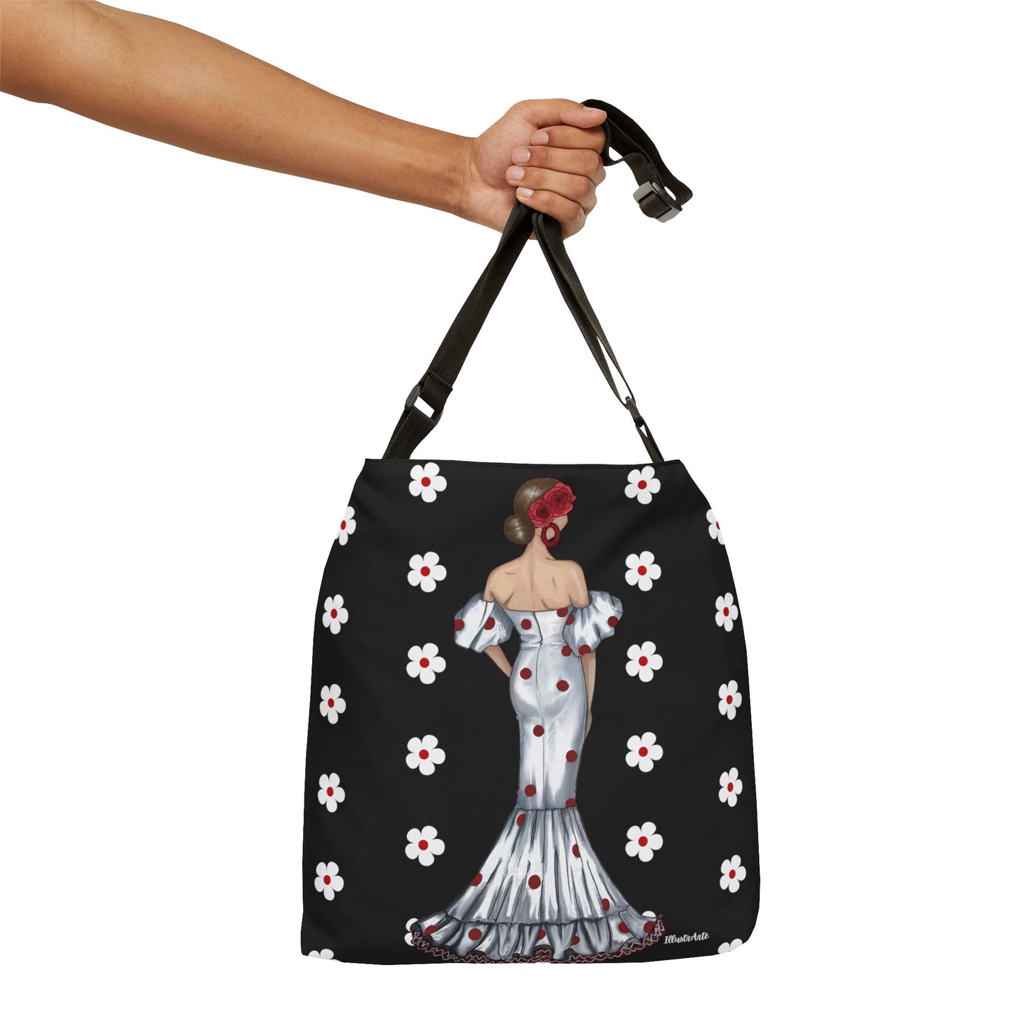 Flamenco Dancer Tote Bag with adjustable straps, flamenco dancer Maite with red/orange background and flowers