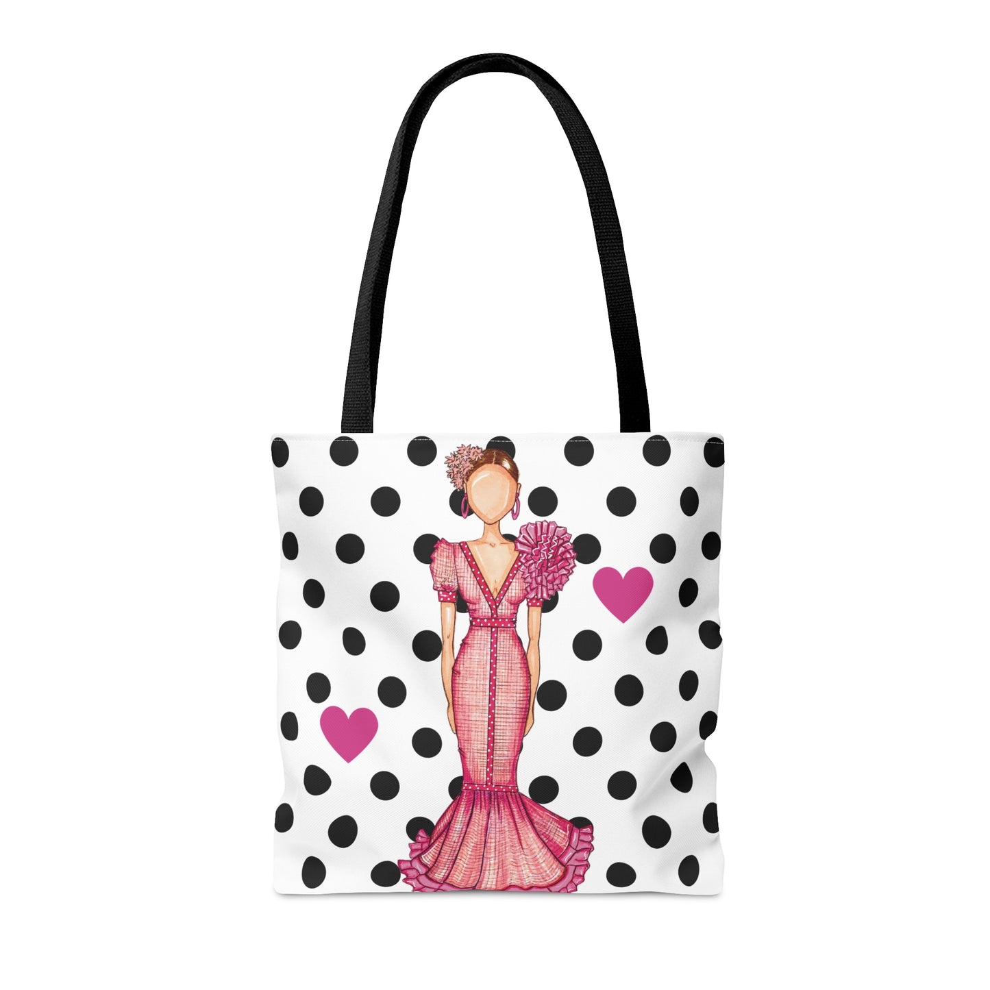 a tote bag with a lady in a polka dot dress