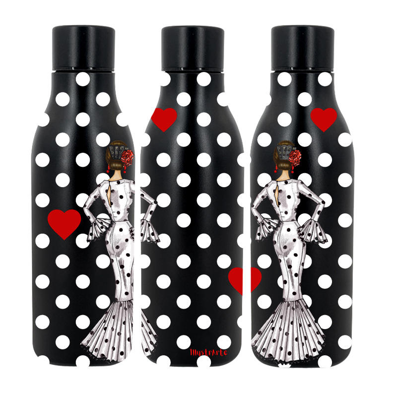 three black and white polka dot bottles with a lady on them