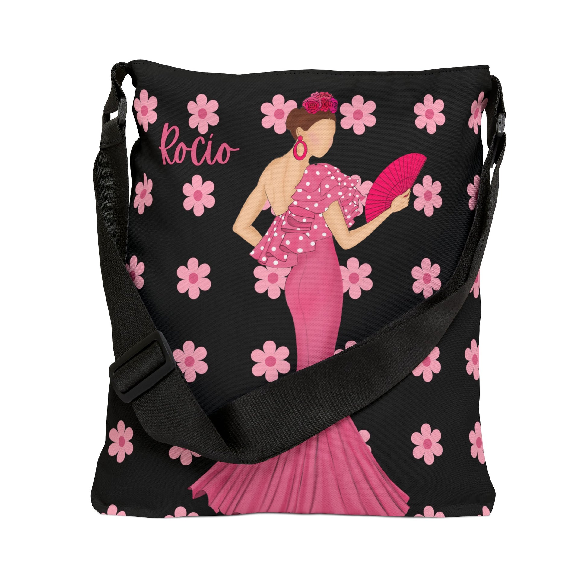 a black and pink purse with a woman holding a fan