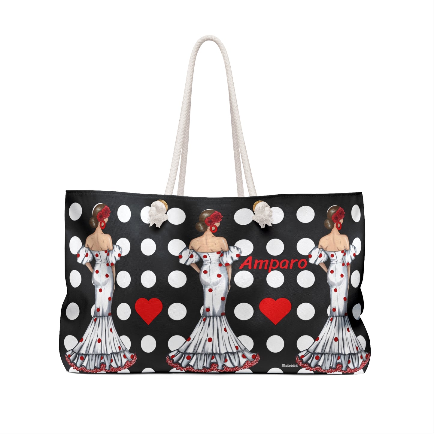 Flamenco Lovers Weekender Bag - Oversized Beach Tote with Durable Rope Handles. Our flamenco dancer Maite with black background and polka dots.