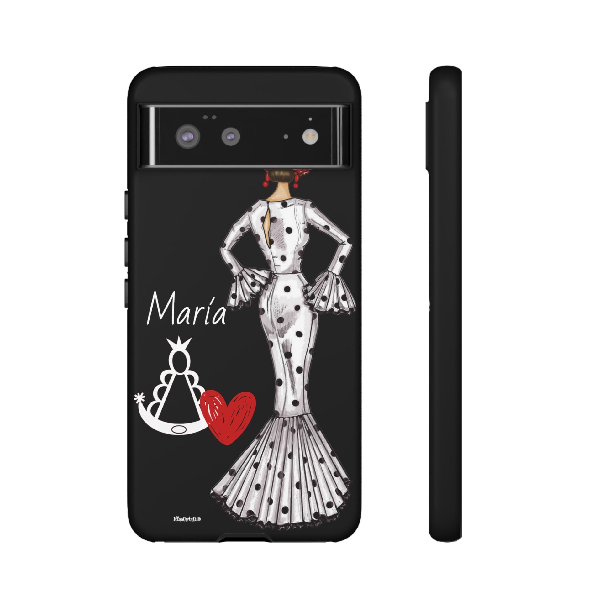 a phone case with a woman in a dress and a heart
