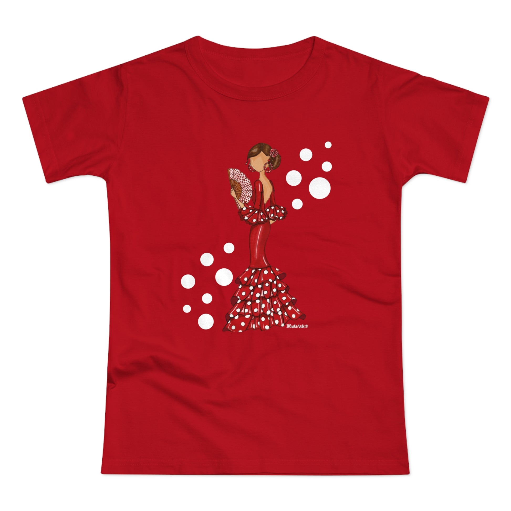 a red t - shirt with a woman in a polka dot dress