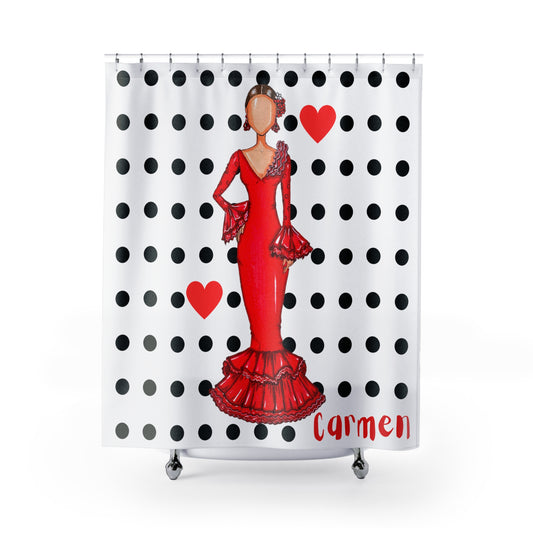 a shower curtain with a picture of a woman in a red dress