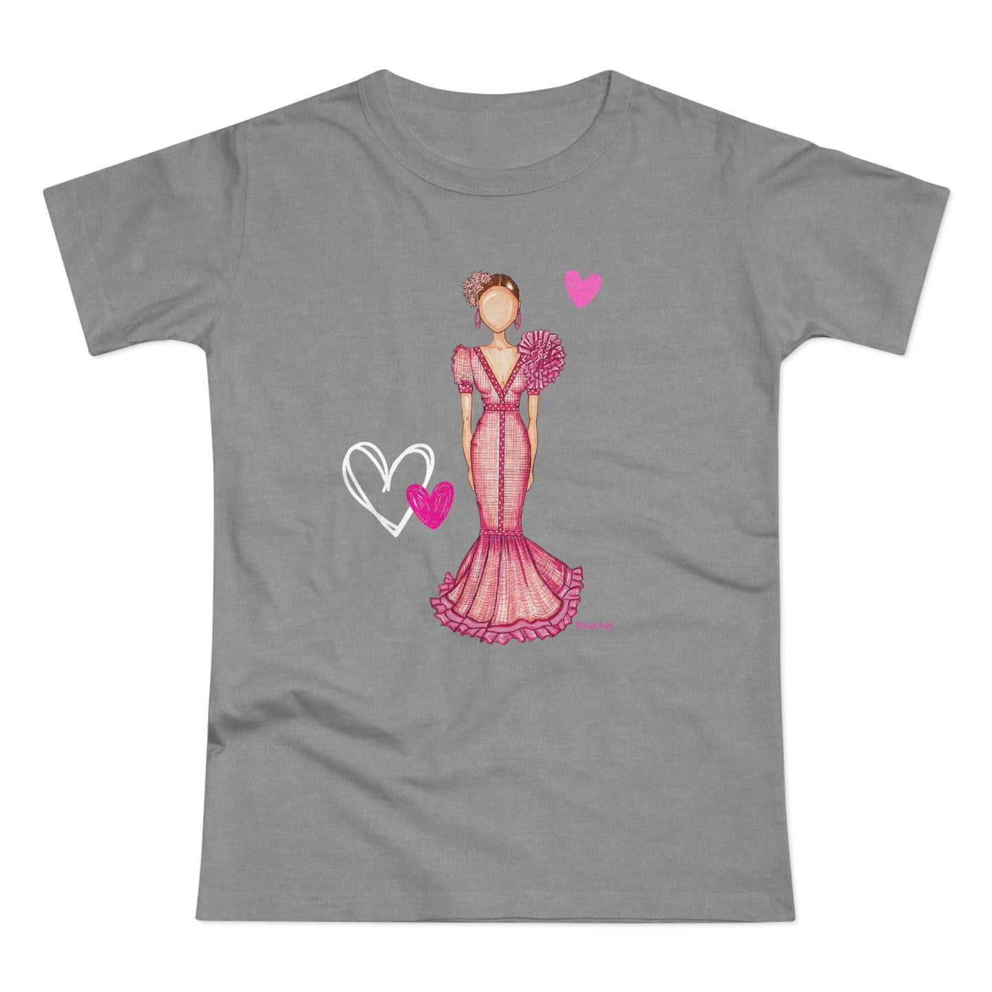 a women's t - shirt with a woman in a pink dress