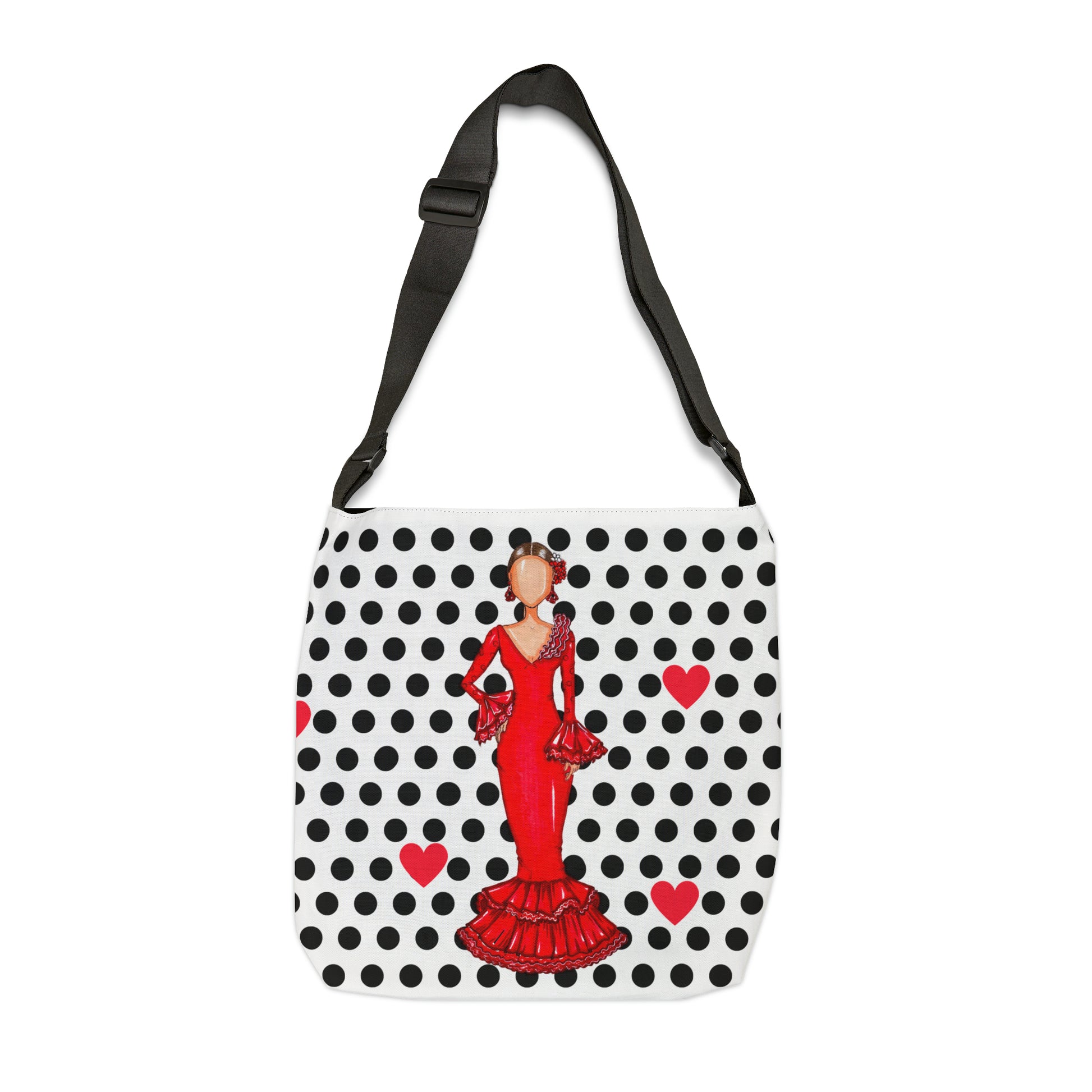 Flamenco Dancer Tote Bag with zip, red dress and red hearts on a black polka dot design. - IllustrArte