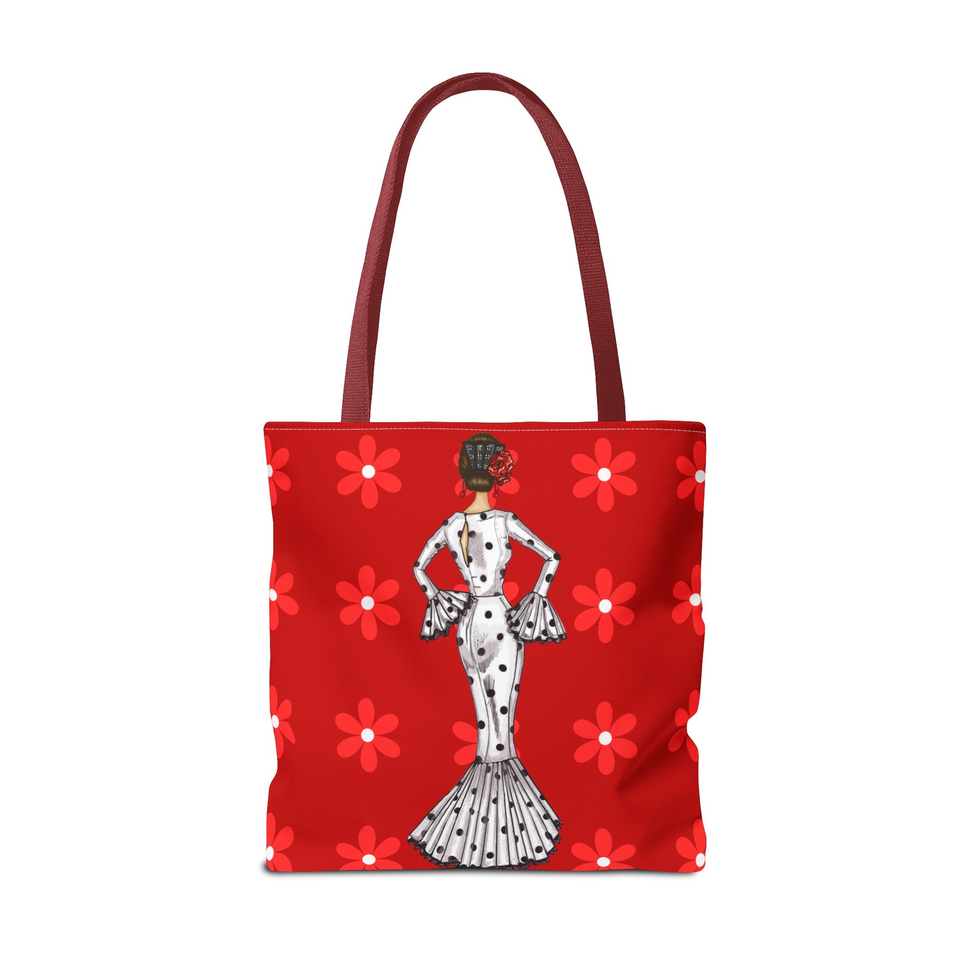 a red tote bag with a dalmatian dog on it