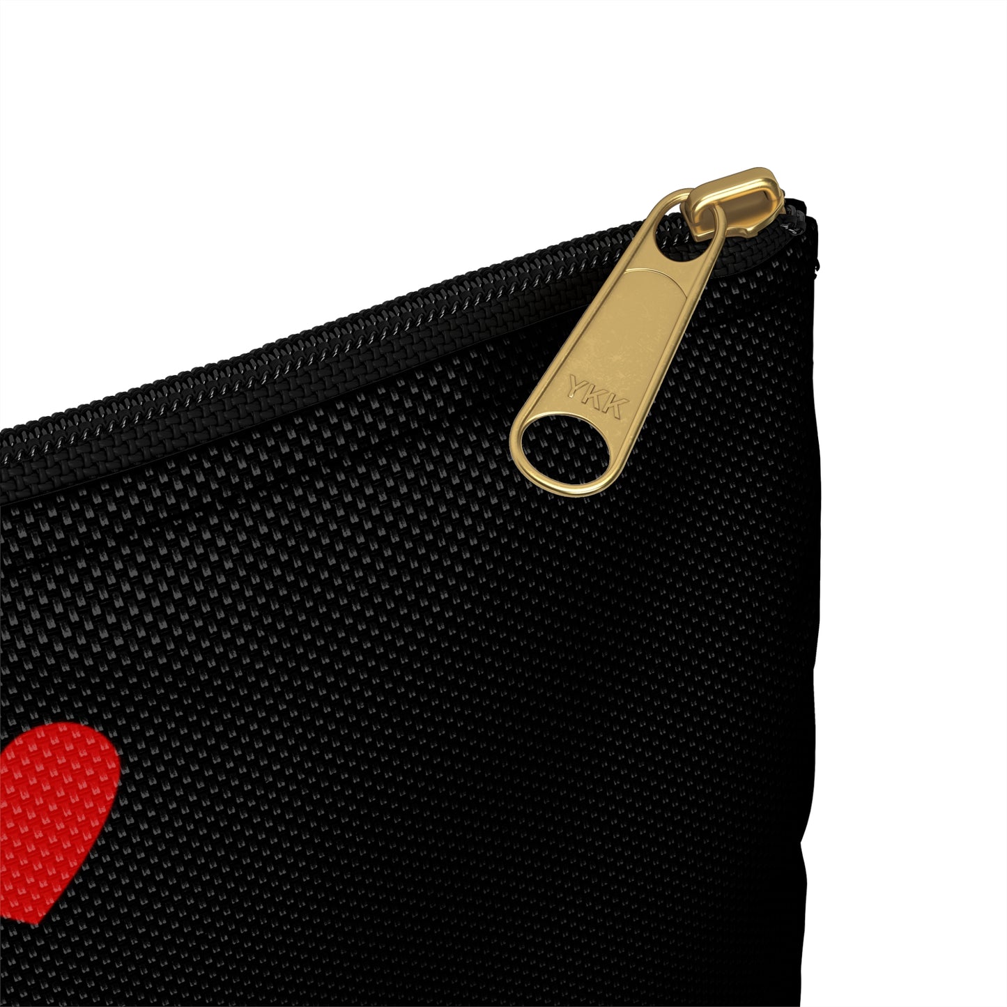 a black pouch with a red heart on it