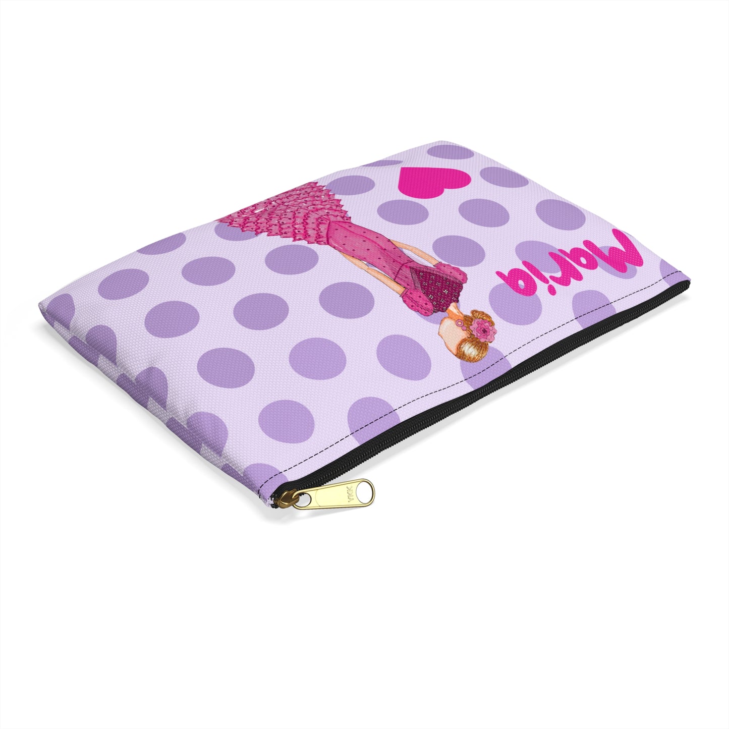 a purple polka dot purse with a picture of a woman on it