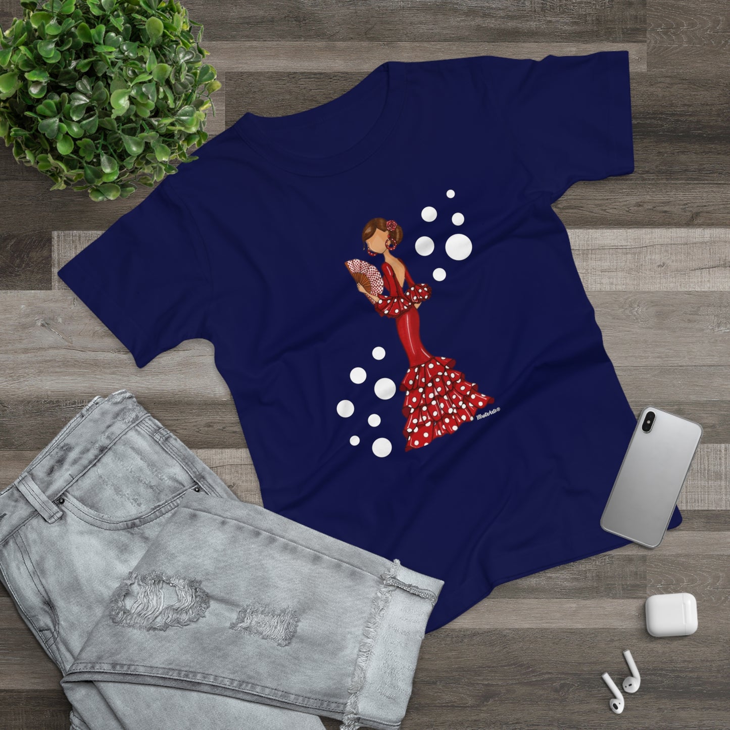 a t - shirt with a picture of a woman in a polka dot dress