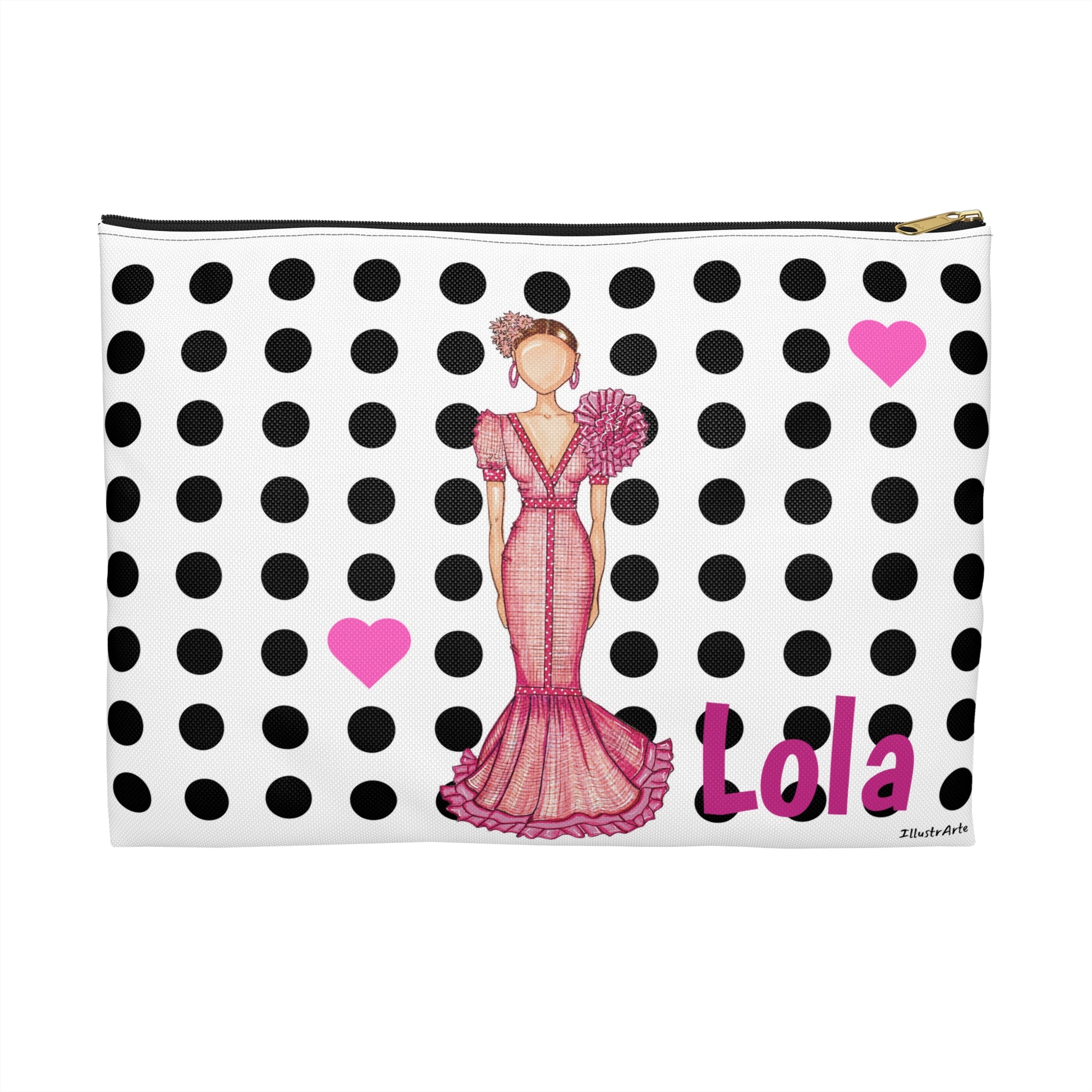 Flamenco Dancer Customizable Washbag, pink dress and pink hearts on a black polka dot design. - IllustrArte