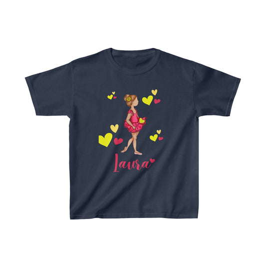 a child's t - shirt with a girl in a red dress and hearts