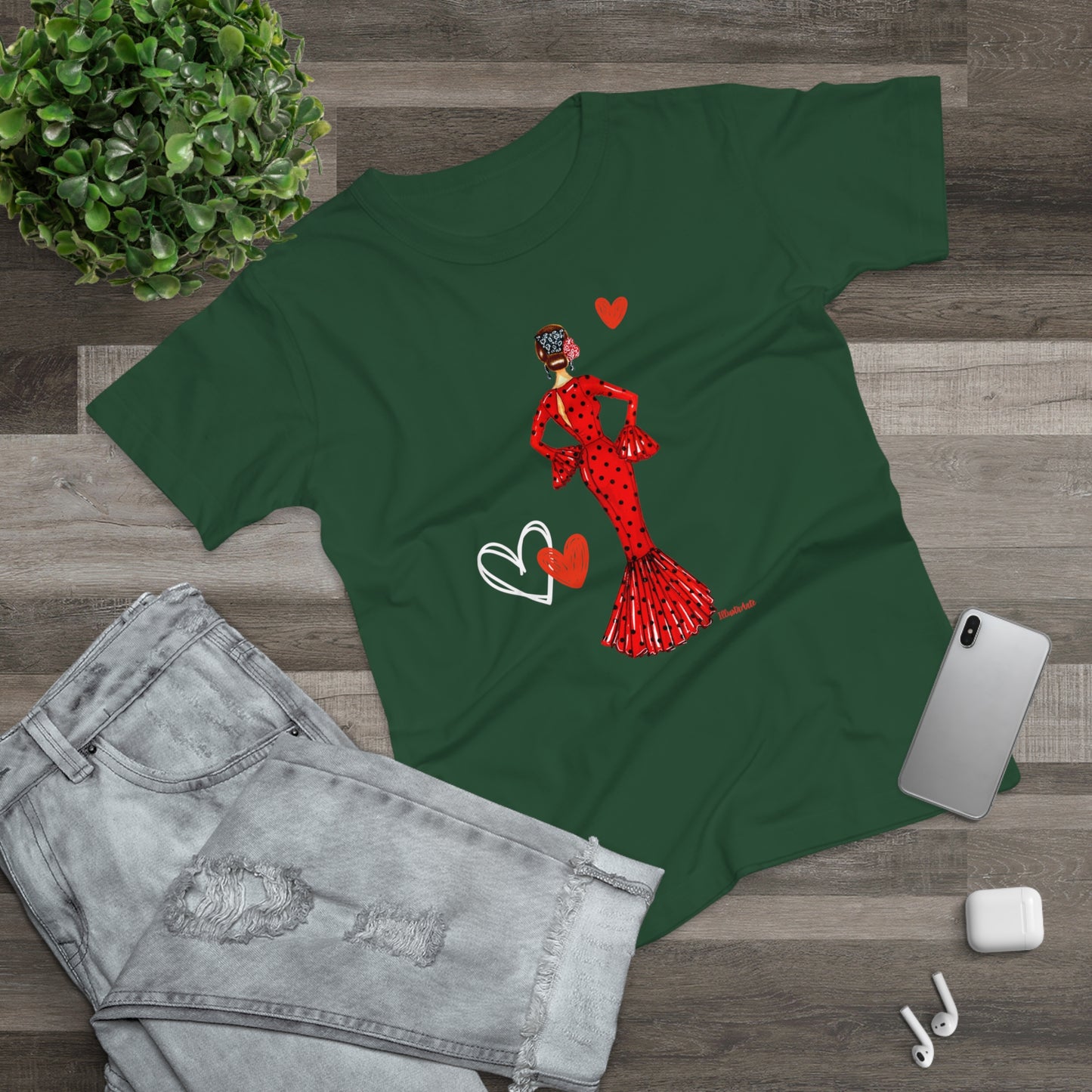 a green t - shirt with a picture of a woman in a red dress