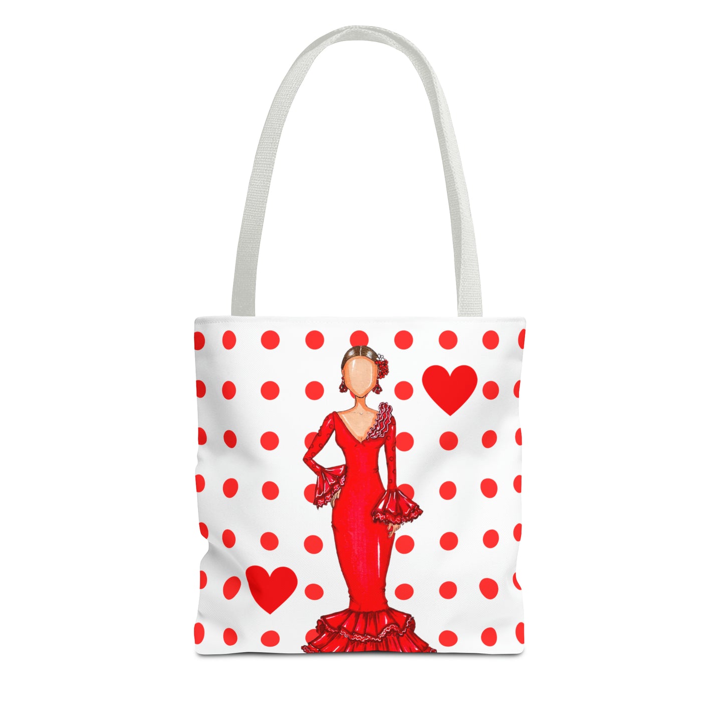 a tote bag with a woman in a red dress