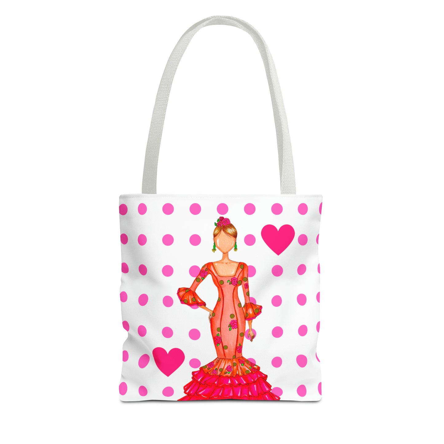 a tote bag with a picture of a woman in a pink dress