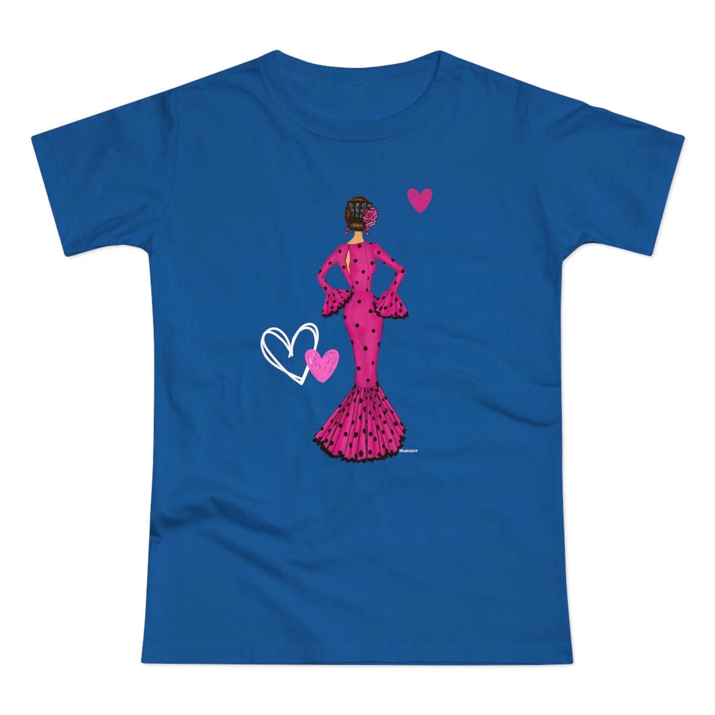 a blue t - shirt with a woman in a pink dress holding a heart