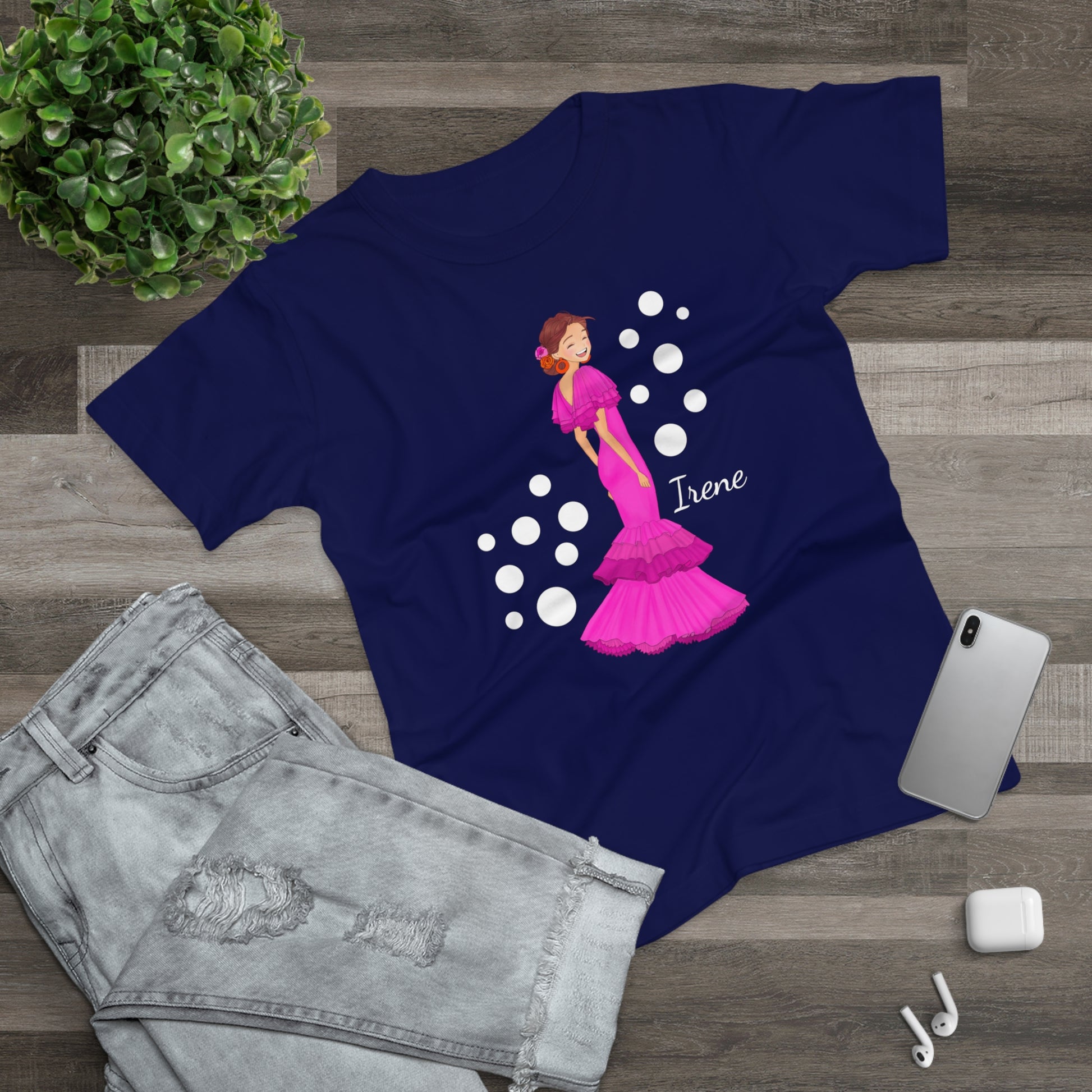 a t - shirt with a picture of a woman in a pink dress