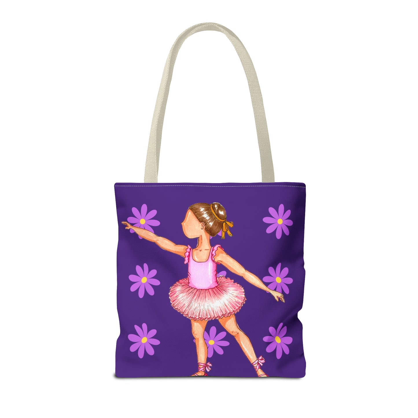 a purple bag with a little girl in a pink dress