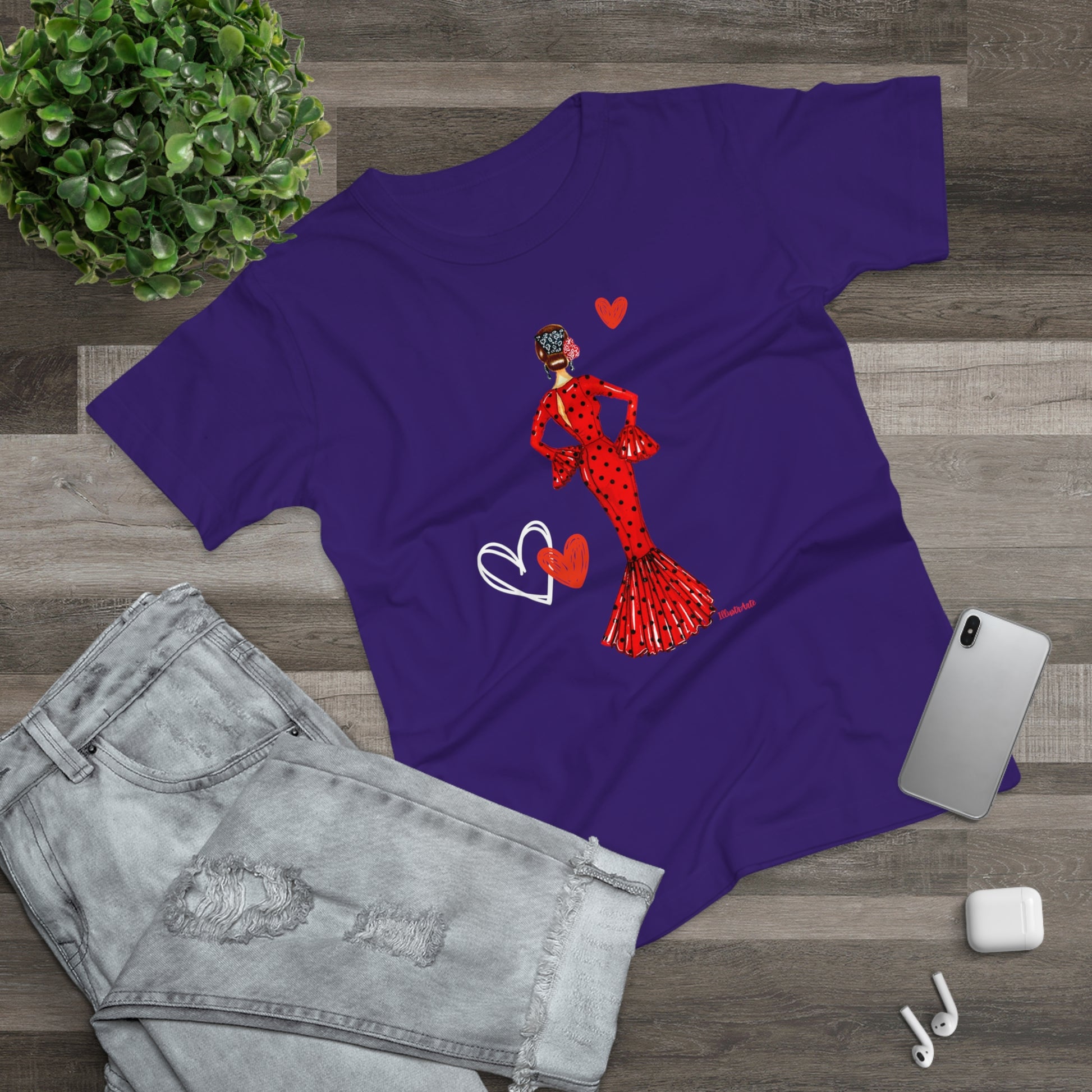 a purple t - shirt with a picture of a woman in a red dress
