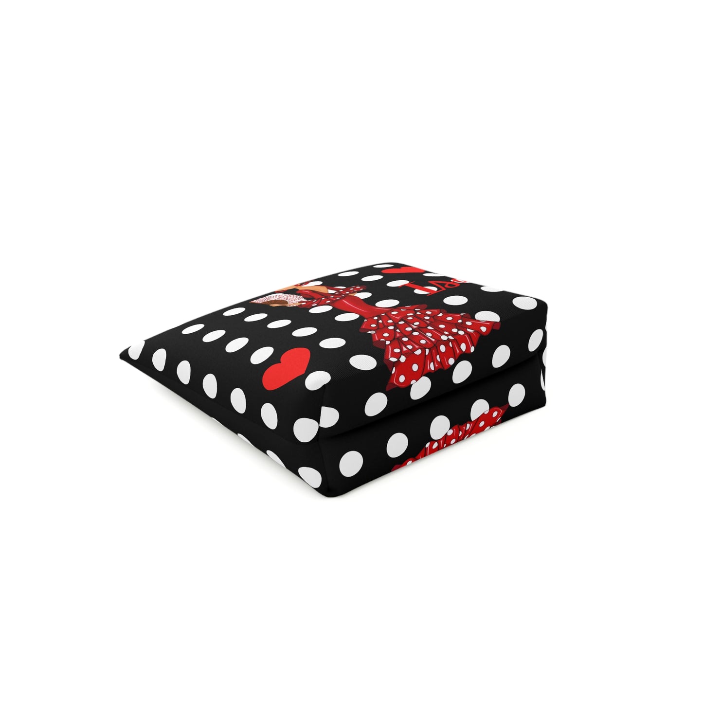 a black and white polka dot blanket with a minnie mouse on it