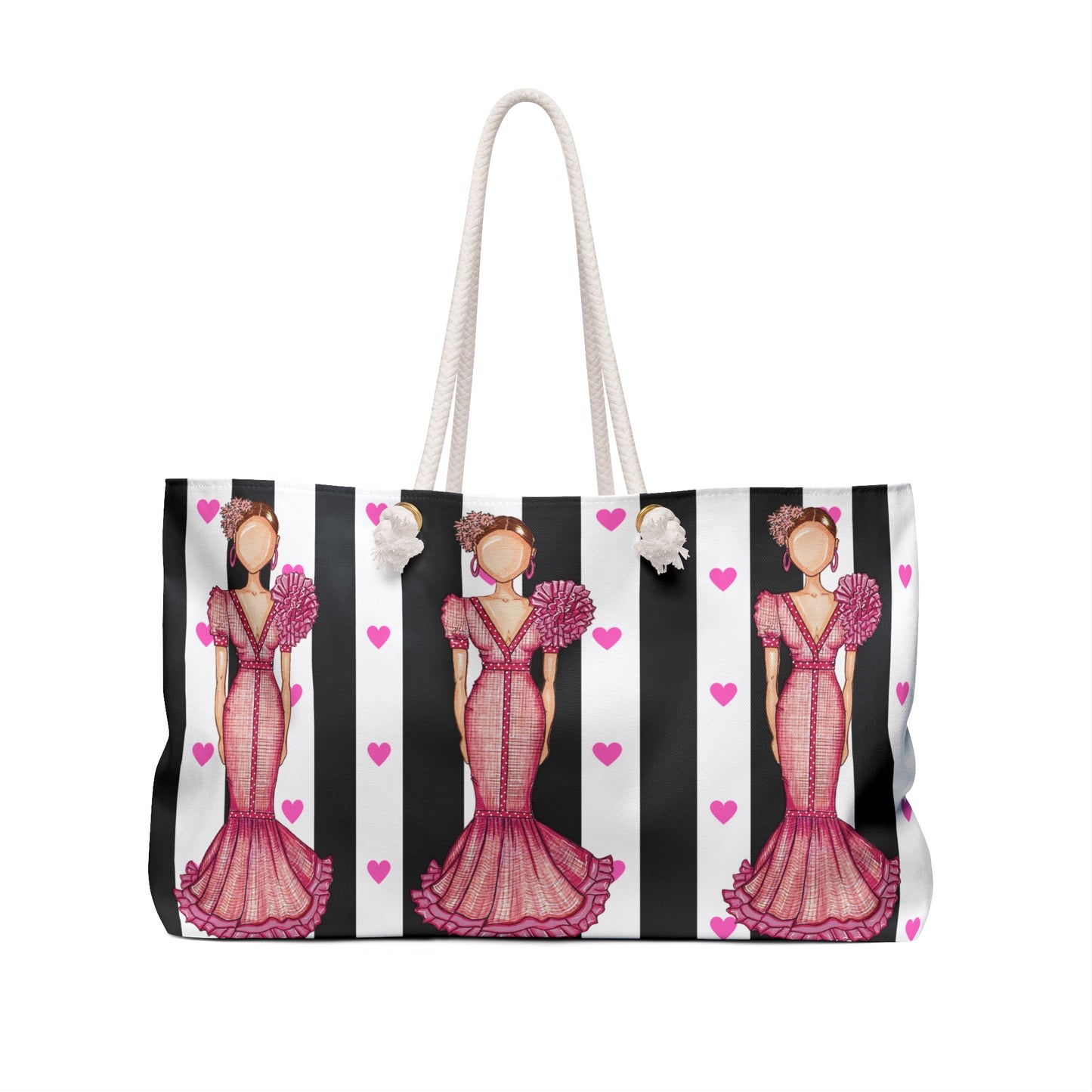 a handbag with a picture of a woman in a pink dress