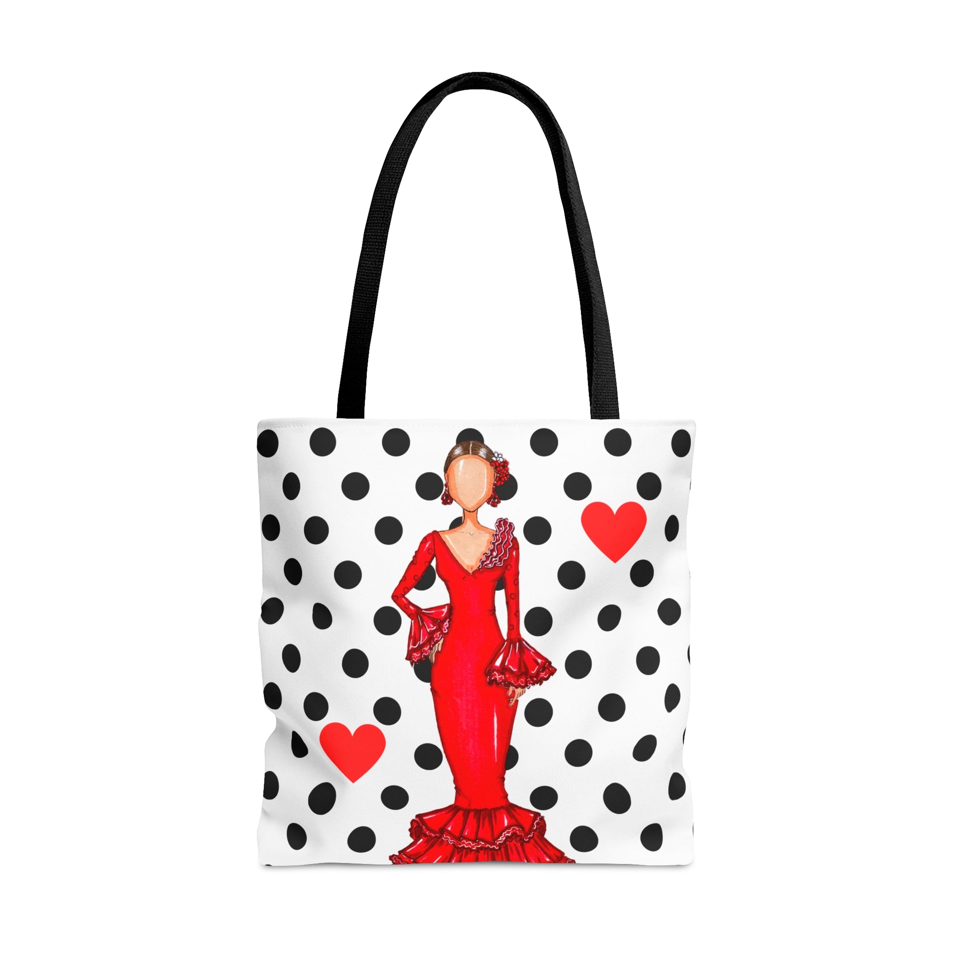a polka dot bag with a picture of a woman in a red dress