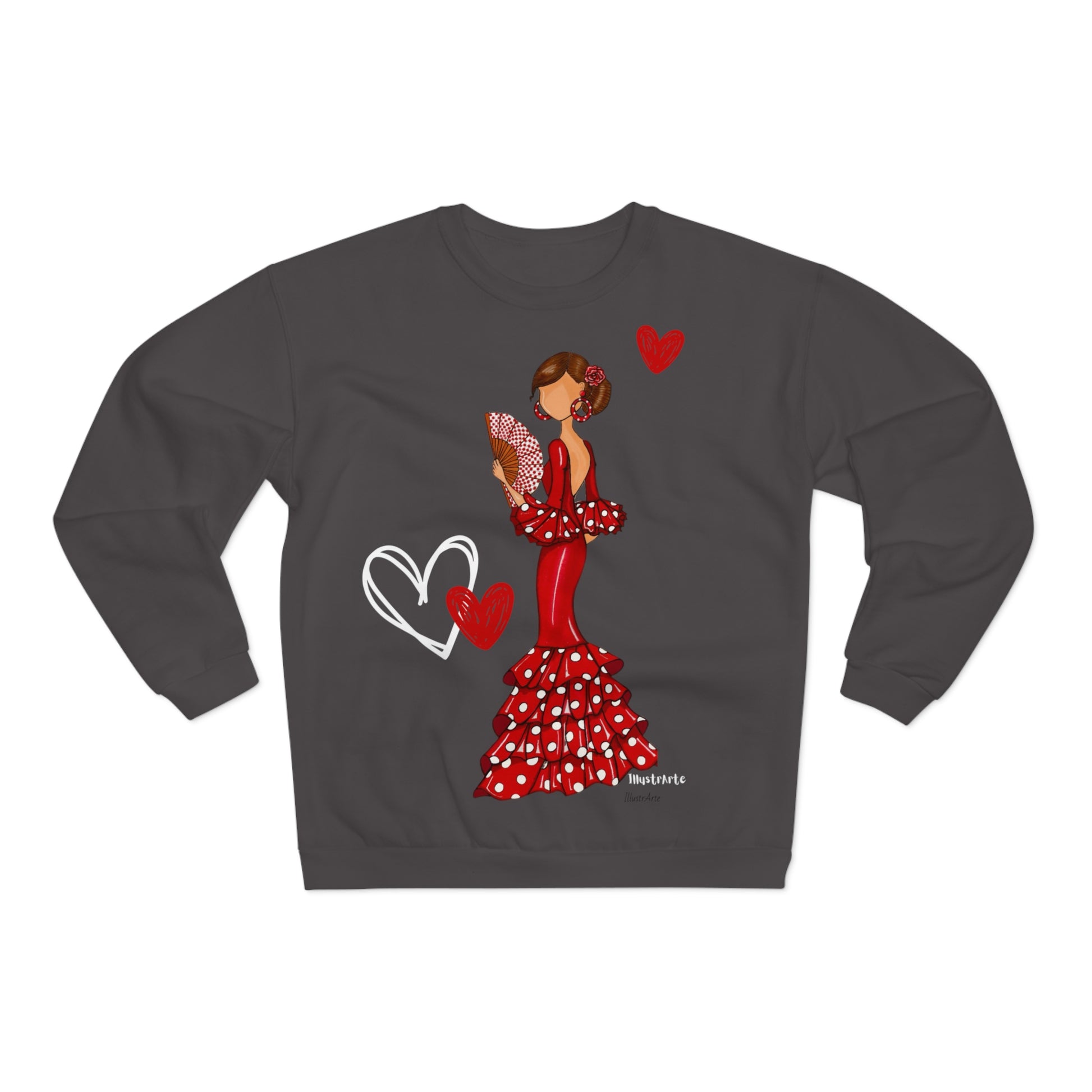 a sweatshirt with a woman in a red dress holding a fan