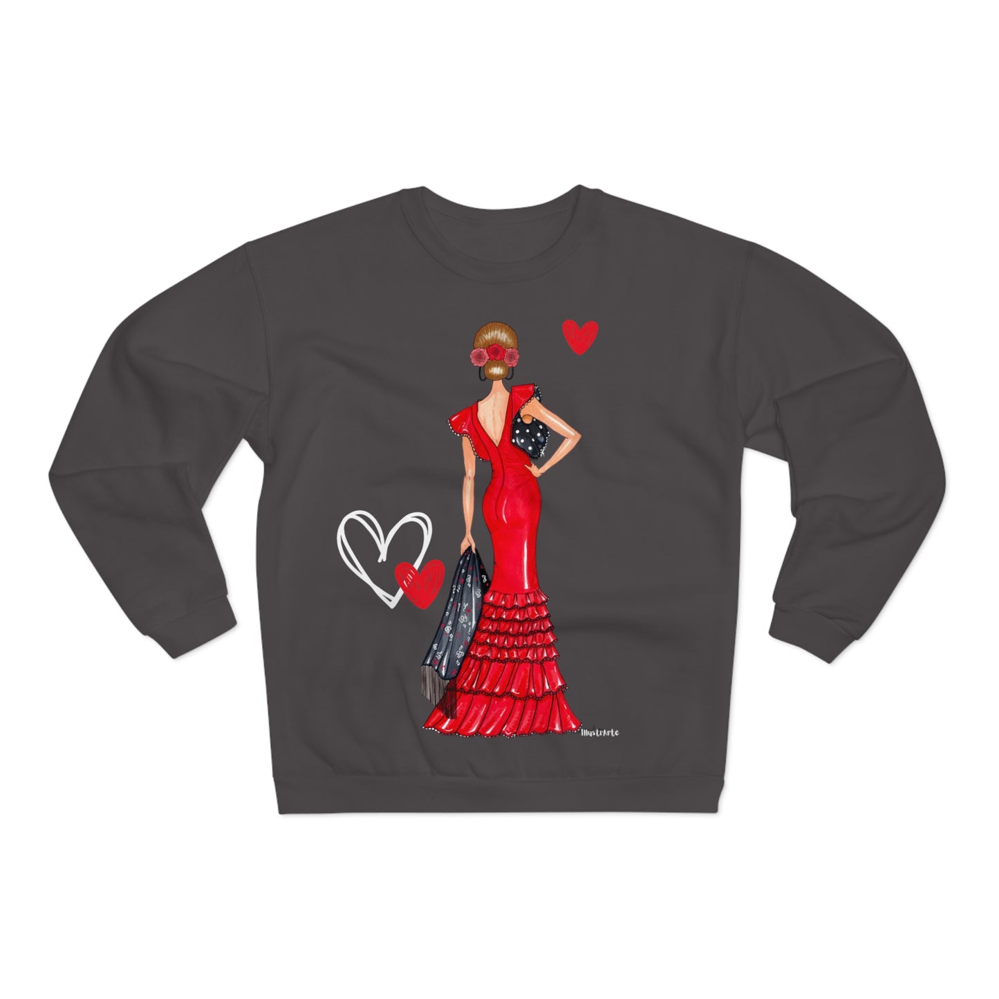 a women's sweatshirt with a woman in a red dress